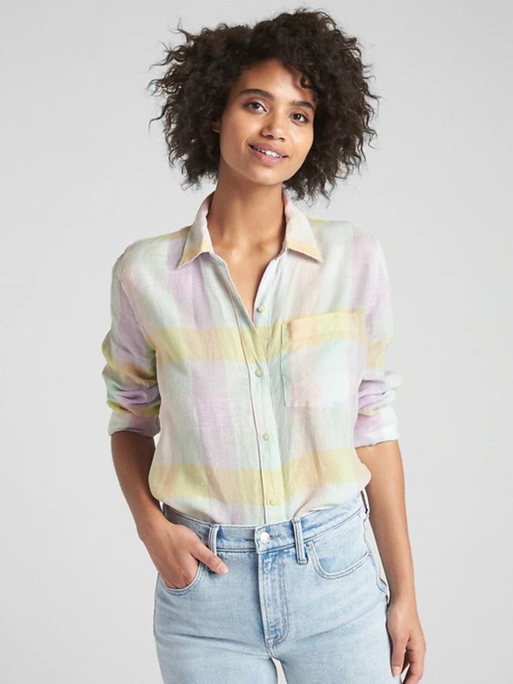 GAP 100% Linen | Pastel Plaid Button-Down | Yellow, Pink, Blue, Lavender | Women